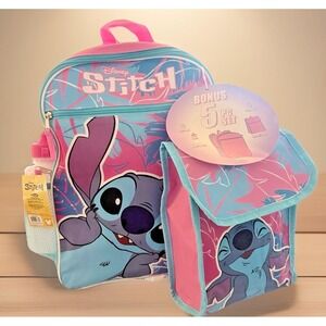 Disney Stitch Backpack 16" & Insulated Lunch-Pack 5PC Set Pink/Teal/Glitter New